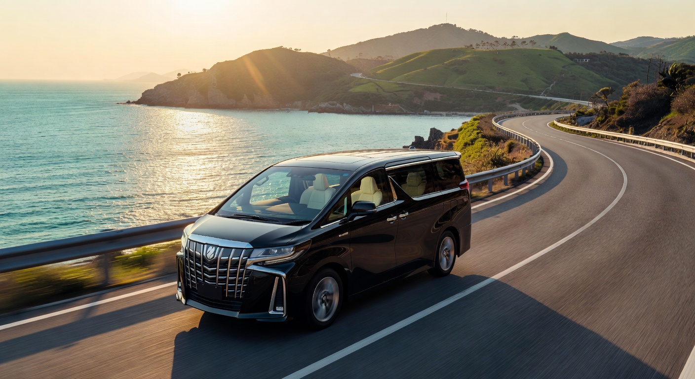 Alphard 沿海公路黃昏行駛，車窗外日落好靚