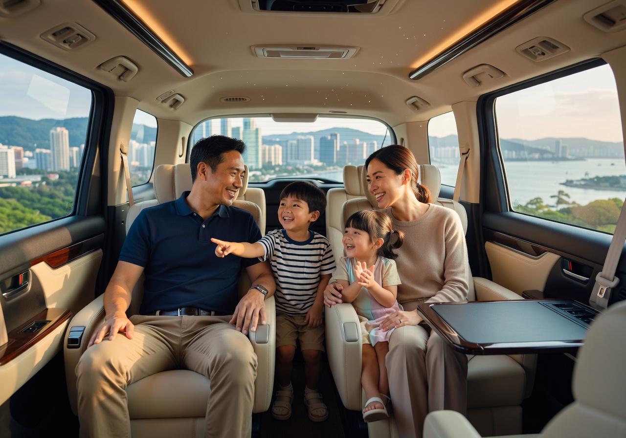 一家大細喺 Alphard 車廂休息，空間寬敞舒適