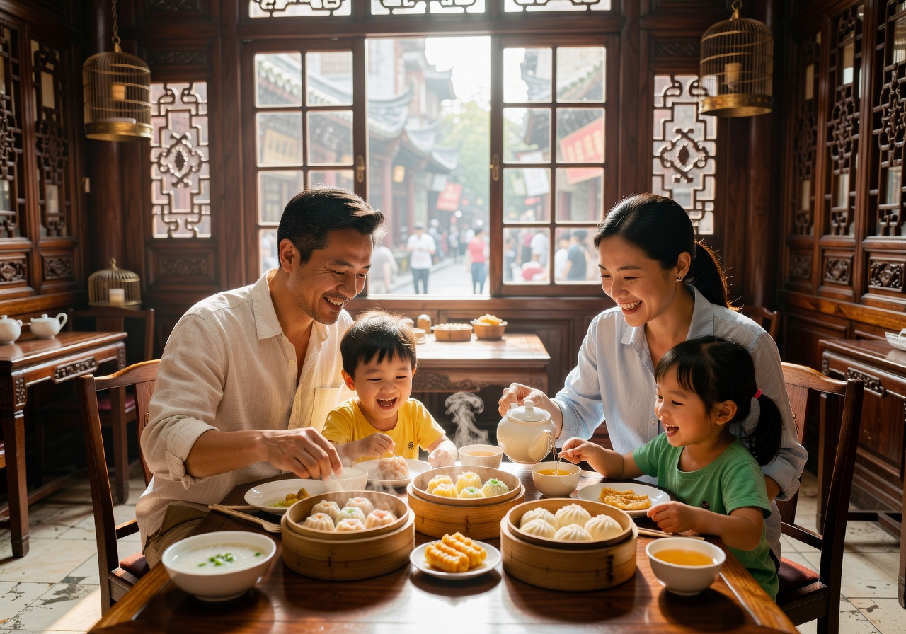 一家大細喺廣州食早餐，暖陽照入茶樓