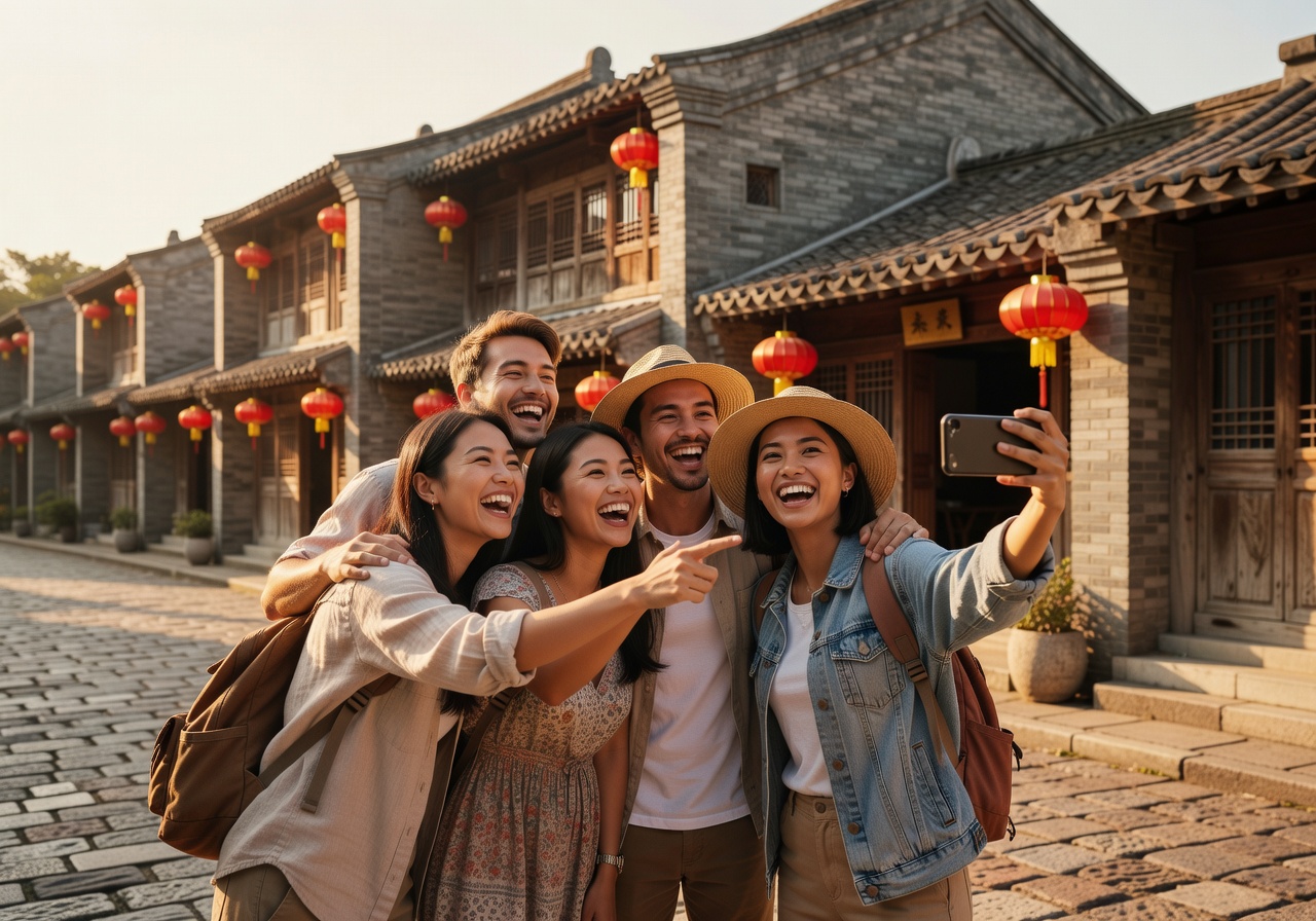 一班朋友喺南頭古城打卡影相,週末氣氛超正