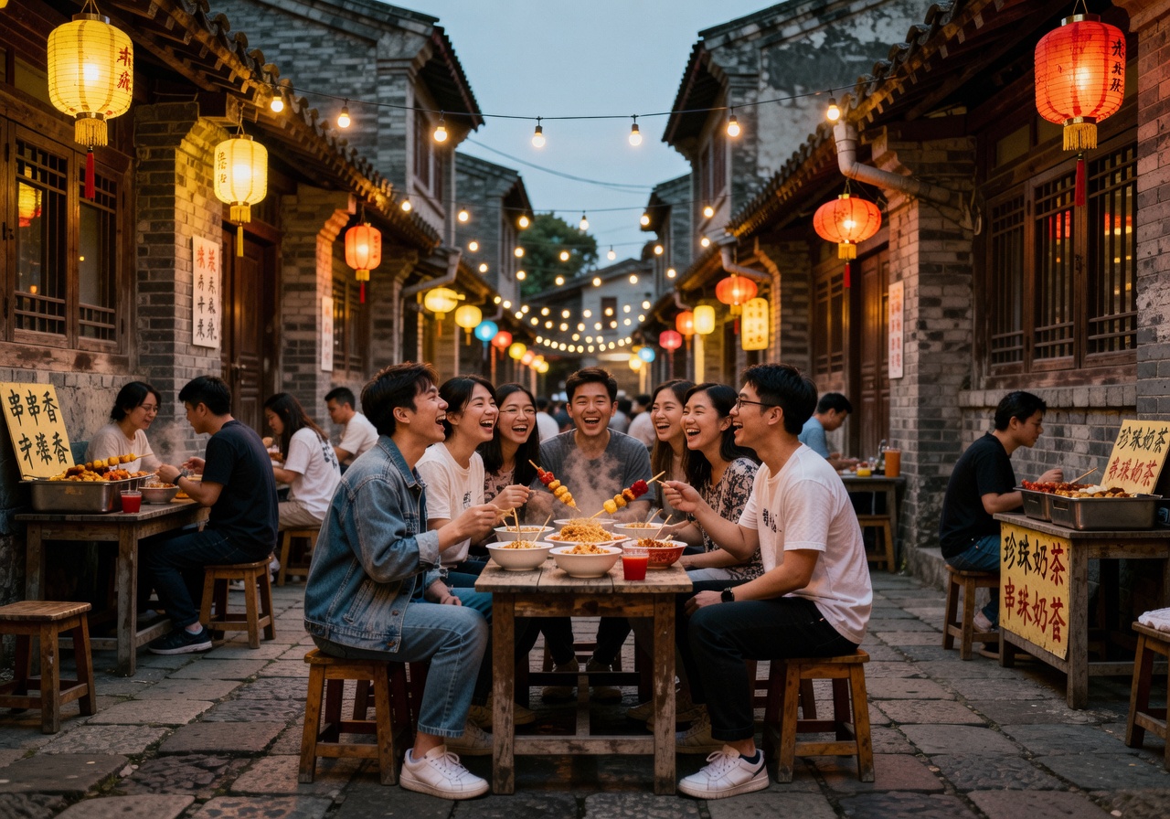 朋友喺南頭古城食街頭小食,陽光灑落古巷
