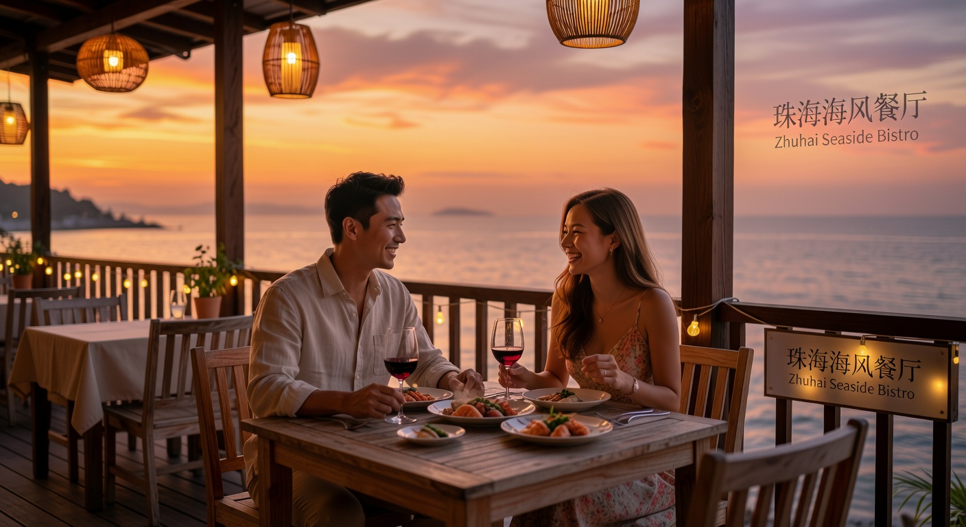 情侶喺珠海海邊食海鮮晚餐，燈光同海浪好浪漫